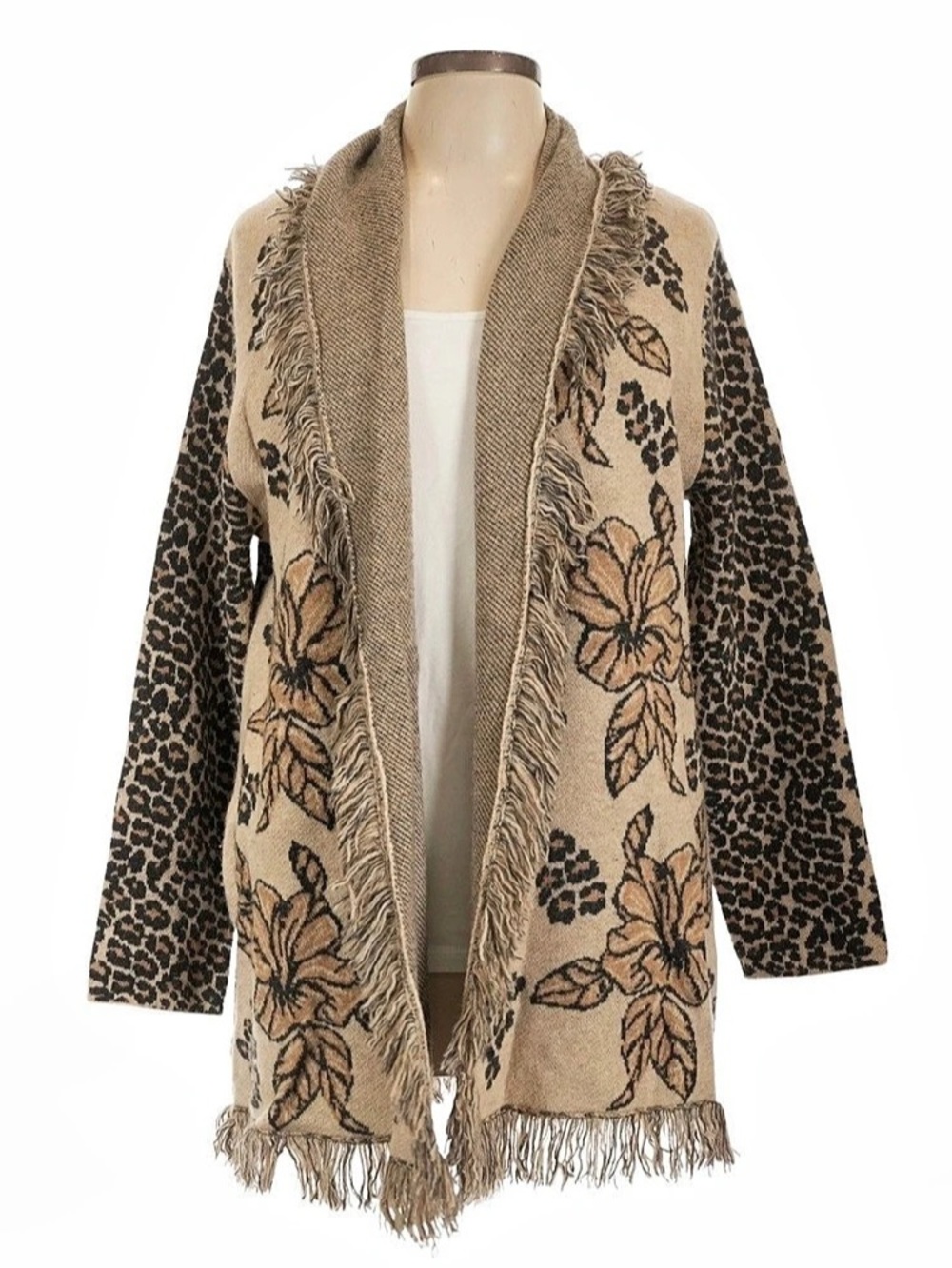 Johnny Was Fall Indie Boho Cardigan Leopard Floral Fringe Large